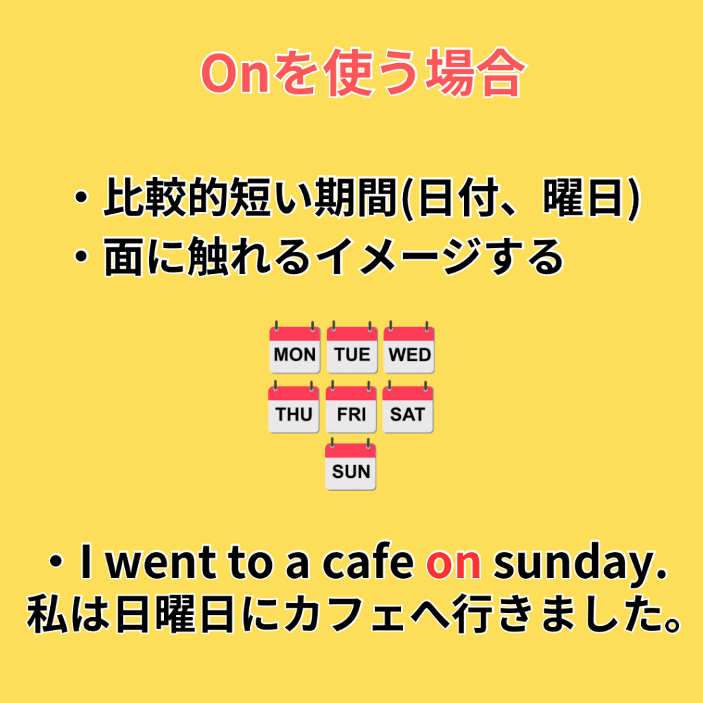 英語初心者向けにonの使い方（曜日・日付）を解説する画像｜野々市市のNES英会話教室の子供英会話レッスン内容