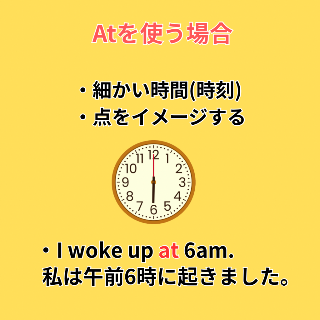 英語初心者向けにatの使い方（時間・時刻）を解説する画像｜野々市市のNES英会話教室の英語学習コンテンツ