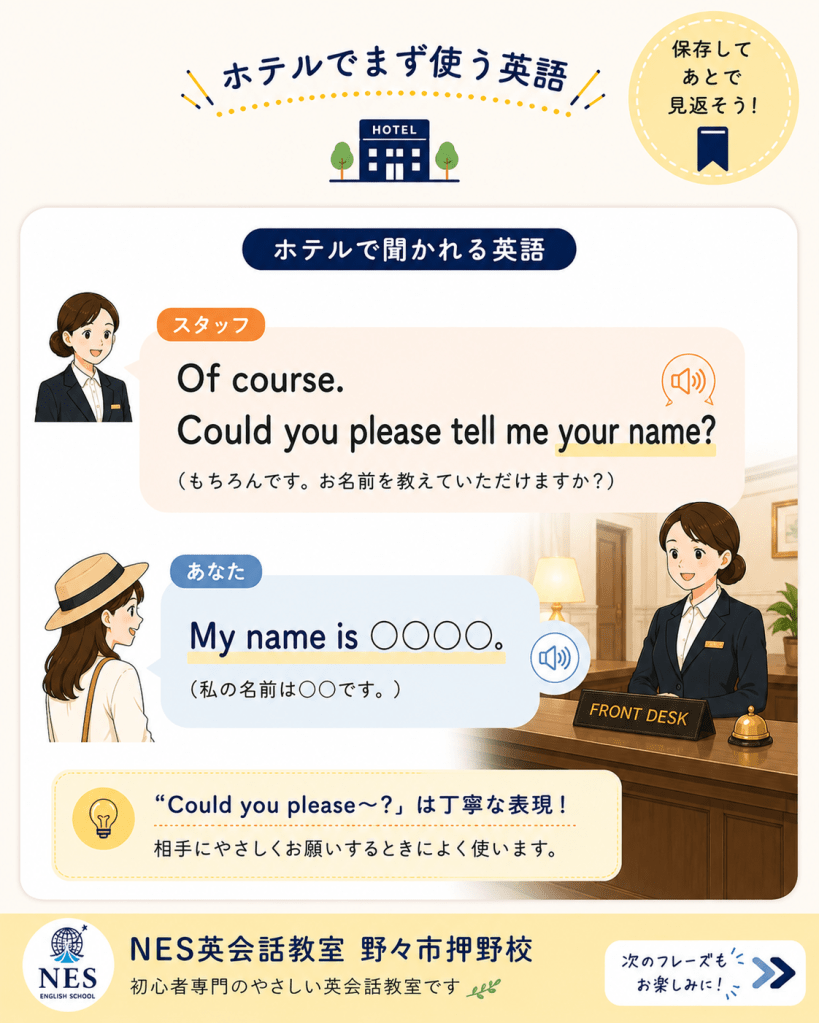 ホテルのスタッフから「Could you please tell me your name?（お名前を教えていただけますか？）」と聞かれたときの答え方「My name is ○○.」を解説した英語学習画像。NES英会話教室制作。
