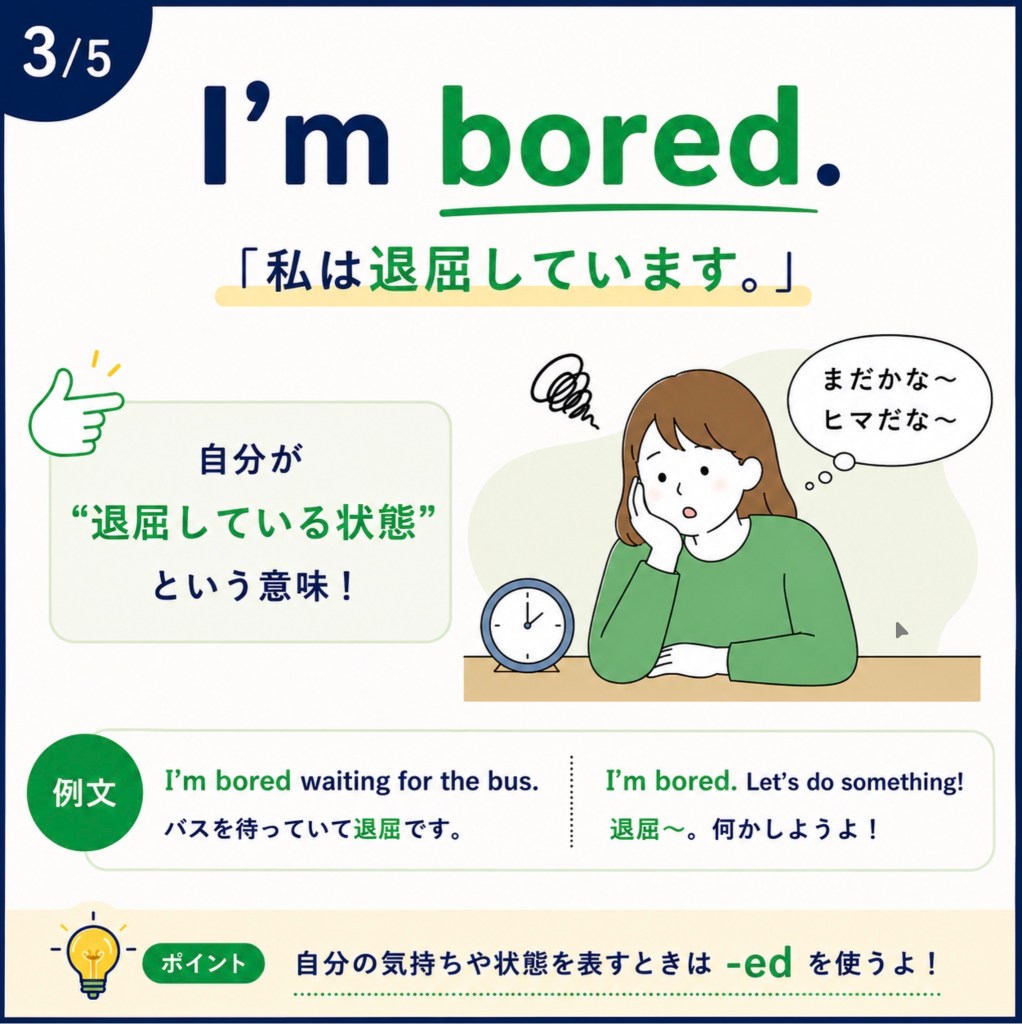 「I’m bored」の使い方をイラストと例文で紹介する英語初心者向け画像。自分が退屈している状態を表す表現を解説。